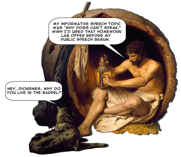 Diogenes is persuaded by the dog to select an informative speech topic from Homework Lab